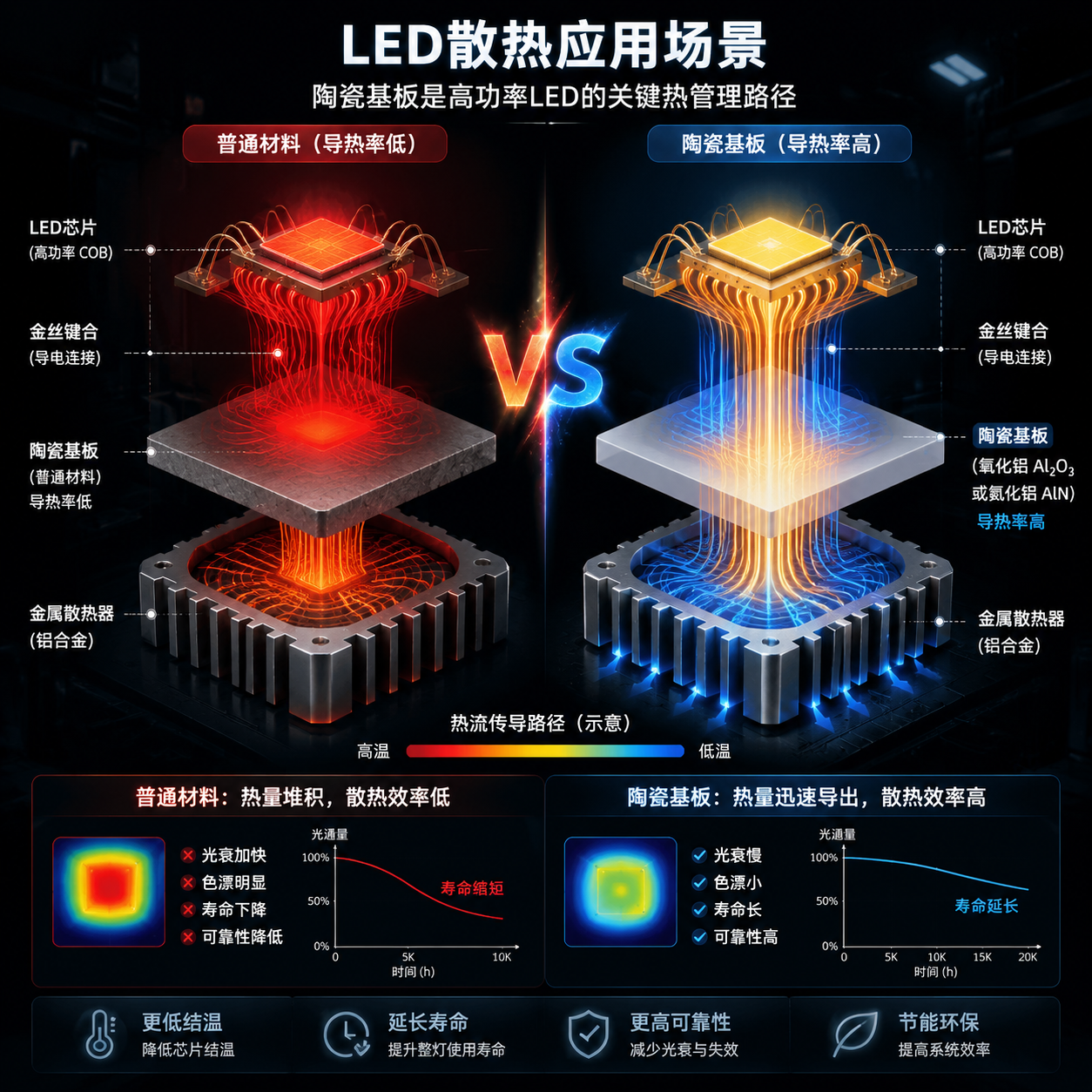 3D剖面示意图，展示高功率LED灯珠内部，对比普通材料和陶瓷基板在热流传导上的差异，强调陶瓷基板在高效率散热中的关键作用。