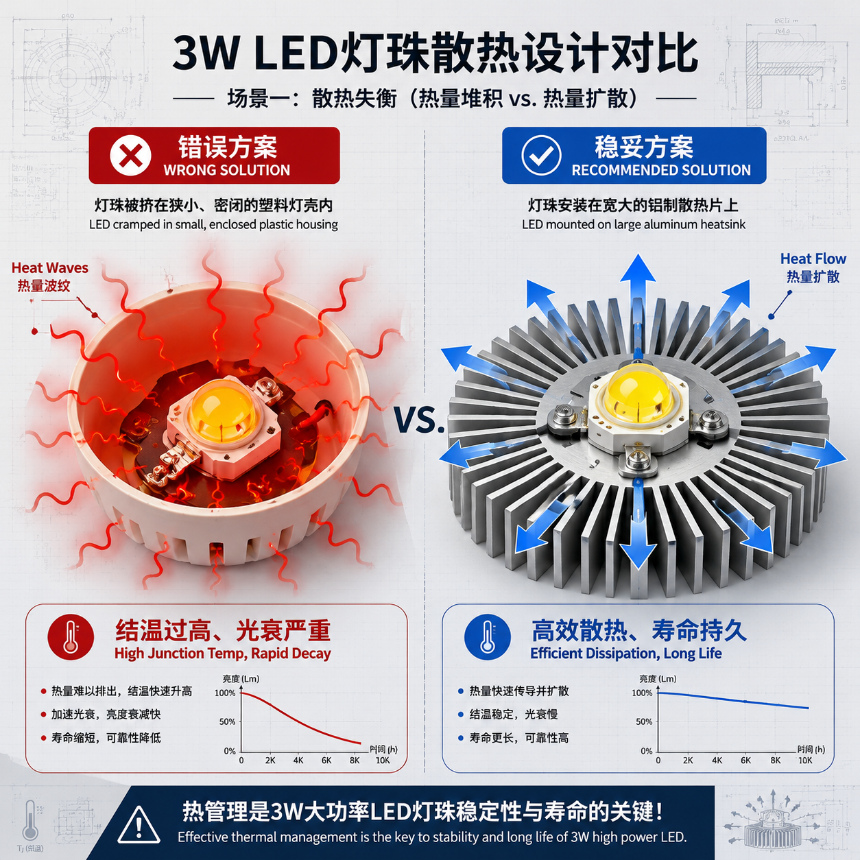 3瓦LED灯珠散热设计对比图，左侧为密闭空间导致结温过高，右侧为高效散热方案延长寿命