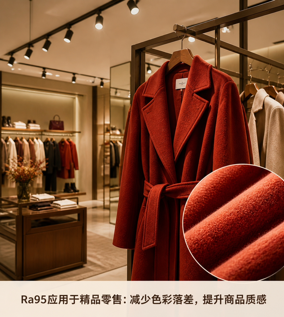 高显指陶瓷灯珠应用于服装店场景：Ra95光照下高端大衣色彩真实，细节丰富，提升商品质感。
