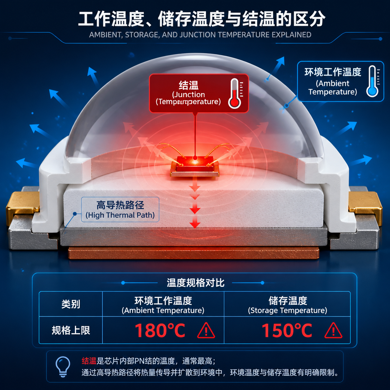 3D剖面示意图，解释陶瓷灯珠的结温、环境工作温度和热量扩散路径，对比了工作温度与储存温度的概念。