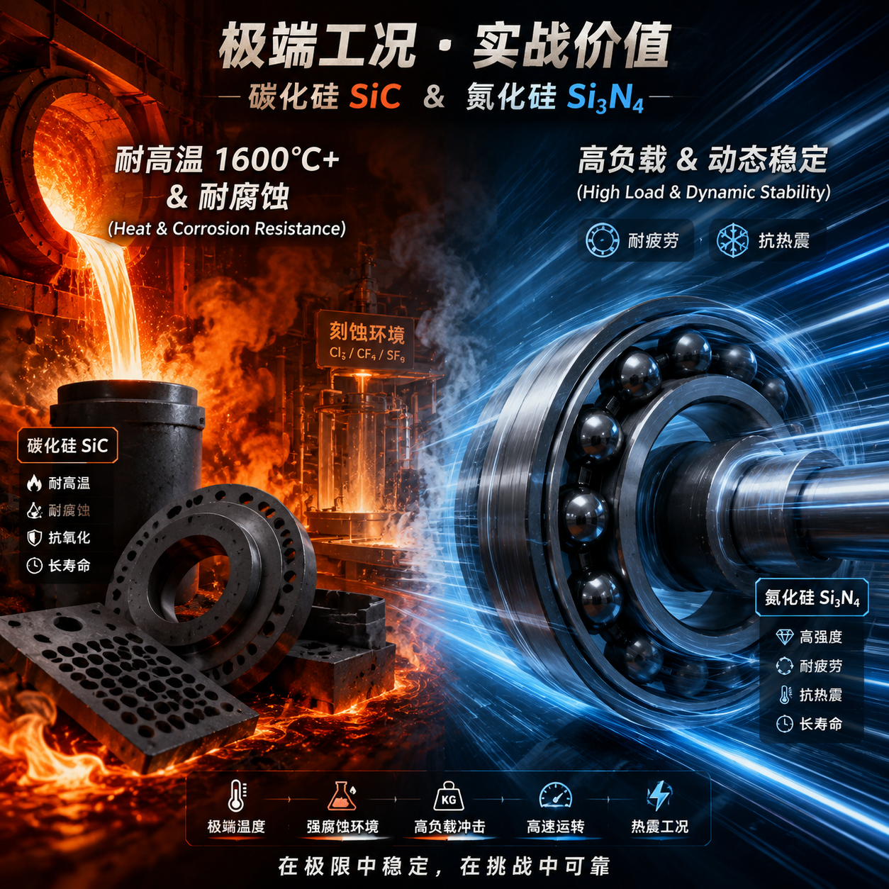 碳化硅与氮化硅陶瓷应用场景:展示碳化硅在高温腐蚀环境和氮化硅在高负载动态稳定性下的应用。