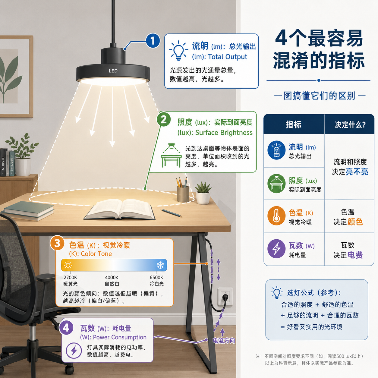 图解照明的4个关键指标:流明(总光输出)、照度(实际到面亮度)、色温(视觉冷暖)和瓦数(耗电量)。