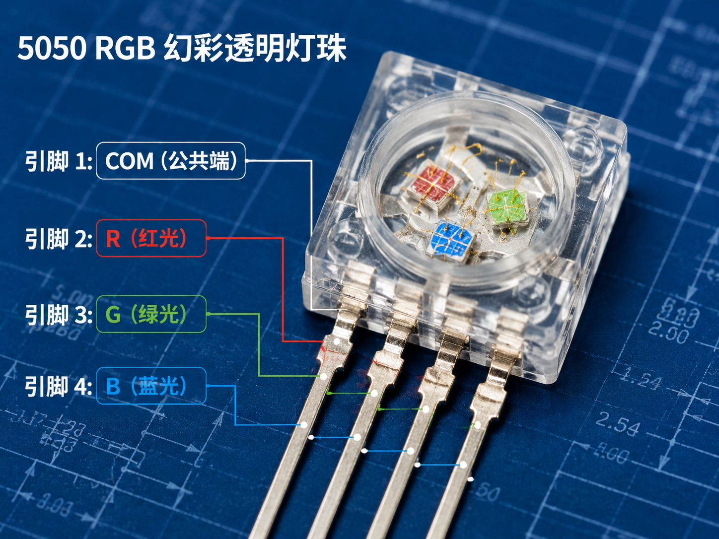 5050 RGB幻彩透明灯珠四个引脚分别是什么？引脚定义、接线方法与正负极判断
