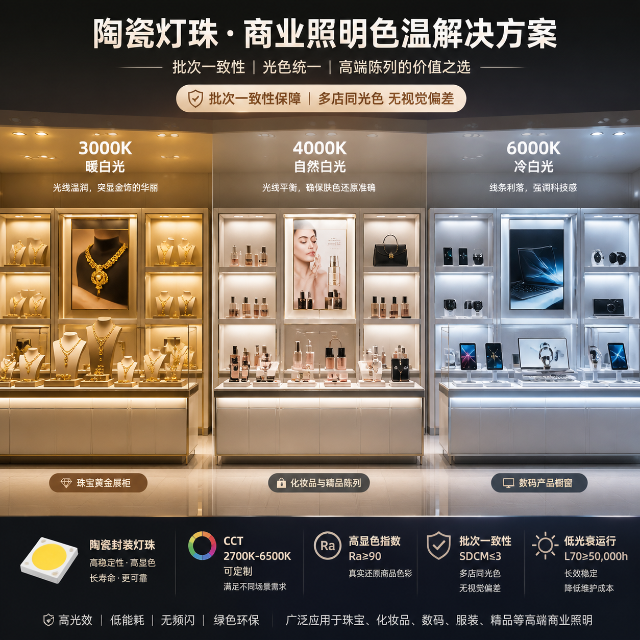 橱窗展柜陶瓷灯珠怎么选？参数、优势与应用全解析