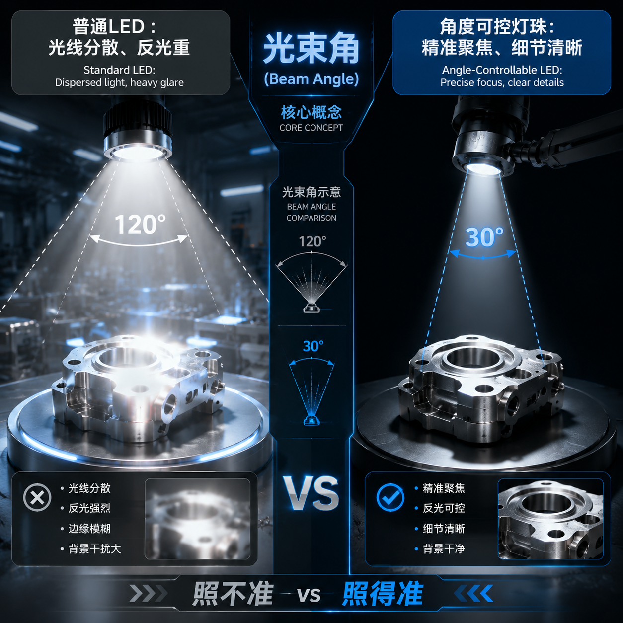 角度可控灯珠与普通LED灯珠效果对比图,展示光线分散与精准聚焦的区别