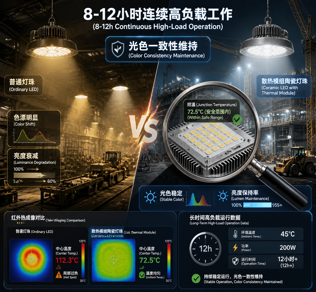 陶瓷灯珠在高负载工作下的光色一致性与稳定性对比图，左侧为普通灯珠光衰与色漂，右侧陶瓷灯珠显示稳定亮度和纯净光色