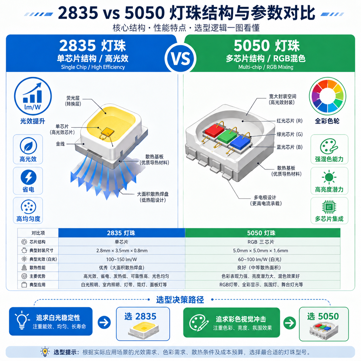 2835 5050灯珠有什么区别？尺寸、亮度、功率与应用场景