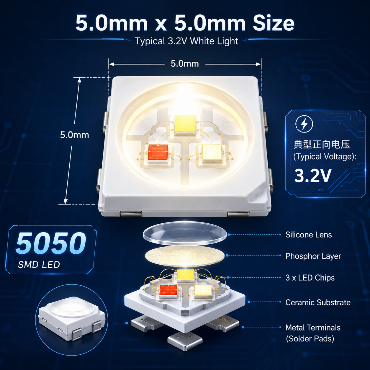 3.2V 5050灯珠的结构拆解与尺寸标注示意图,清晰展示5.0mm x 5.0mm的封装尺寸和3.2V的典型正向电压。