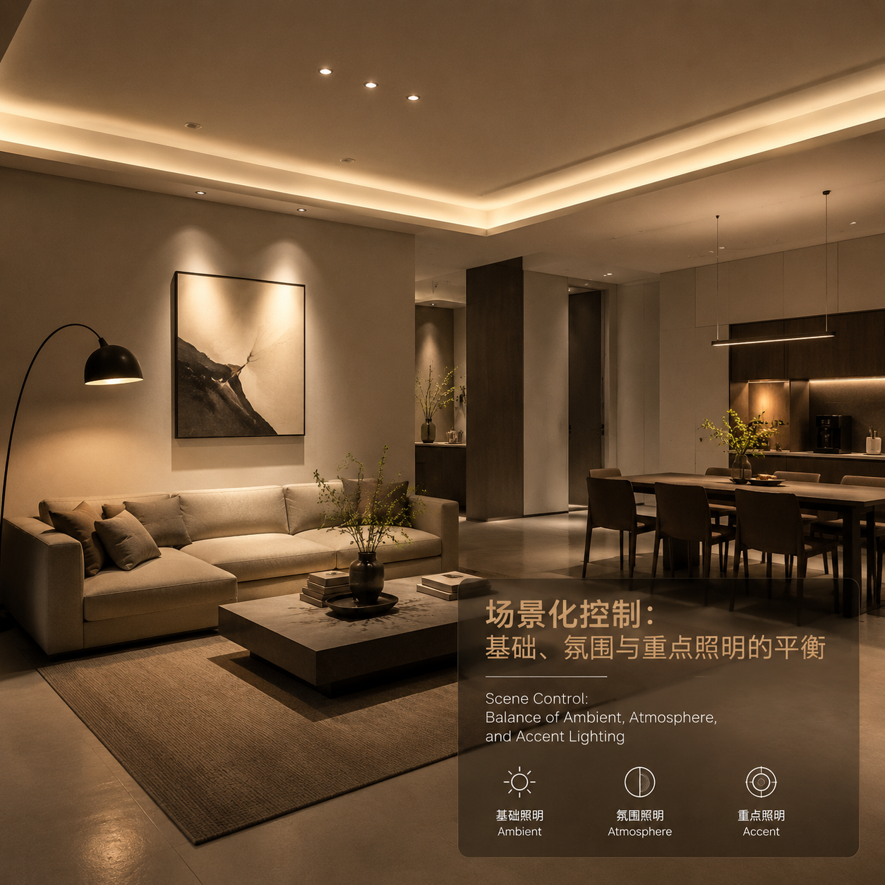 智能灯光设计:现代客餐厅多层次光环境,展示基础、氛围与重点照明的场景化平衡