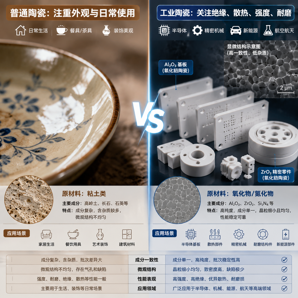 左右对比图：左侧是普通陶瓷餐具，右侧是工业陶瓷基板和精密零件，直观展示两者在用途、外观和性能关注点上的显著差异。