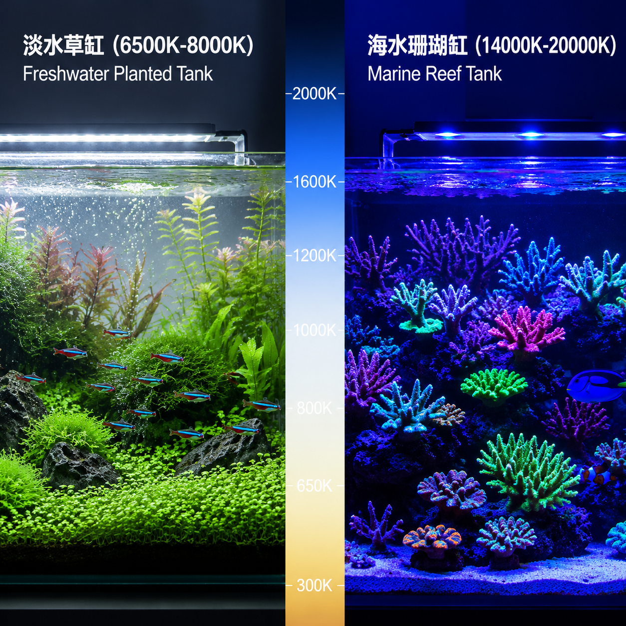 淡水草缸(6500K-8000K) 与海水珊瑚缸(14000K-20000K) 色温对比图