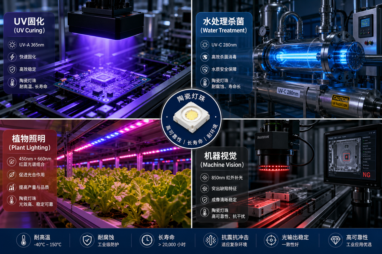 特殊波段陶瓷灯珠在UV固化、水处理杀菌、植物照明和机器视觉等工业应用场景的拼贴图
