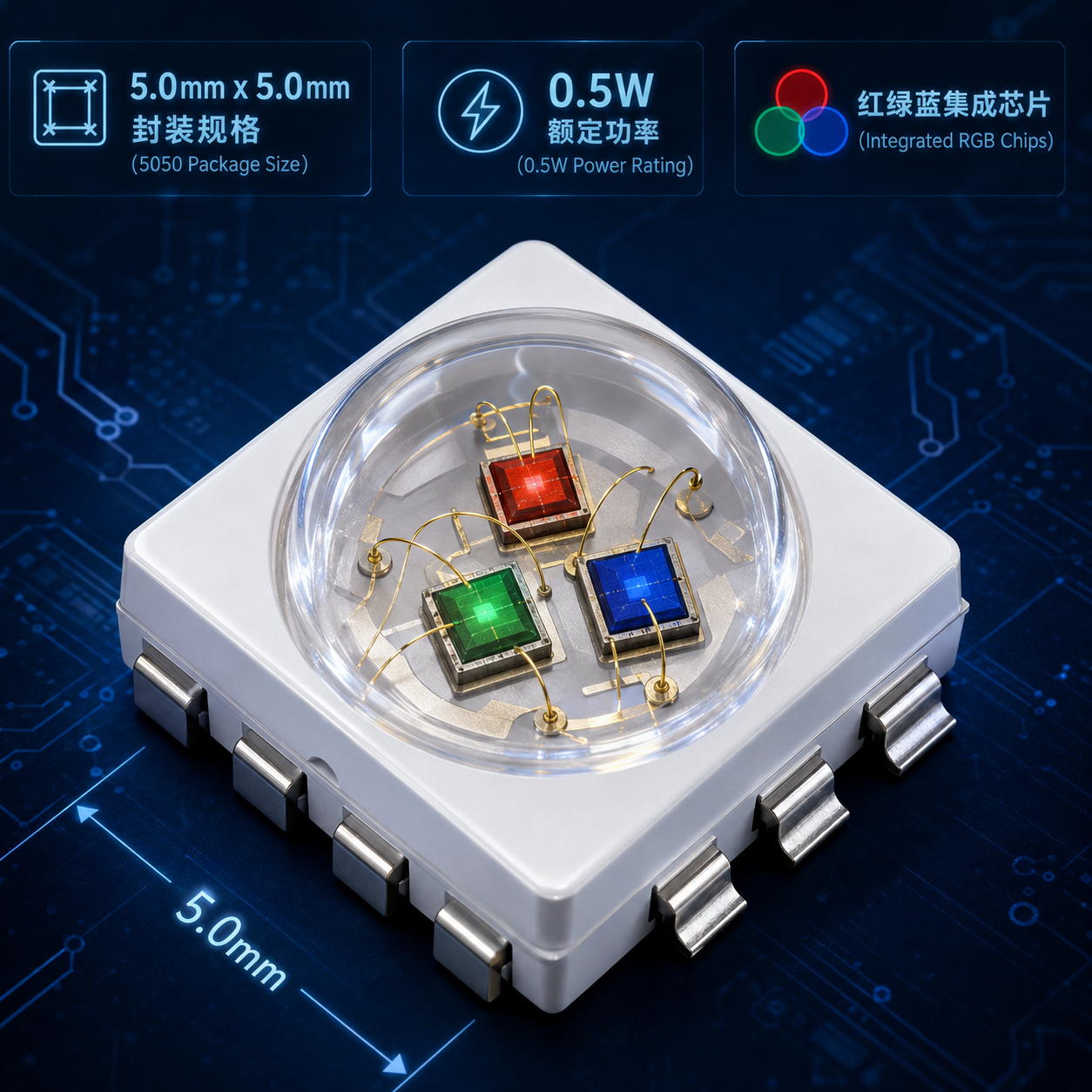 0.5W 5050 RGB灯珠内部结构微距图,展示5.0mm x 5.0mm封装内集成的红、绿、蓝三色芯片及其连接方式