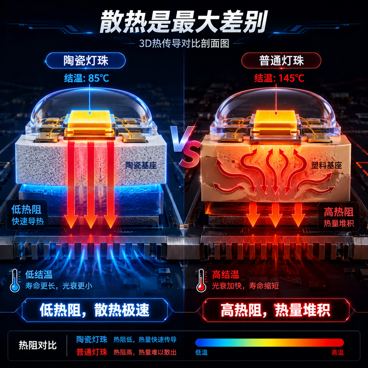 陶瓷灯珠与普通灯珠的3D热传导对比图,展示陶瓷基板低热阻实现高效散热,而塑料基座高热阻导致热量堆积