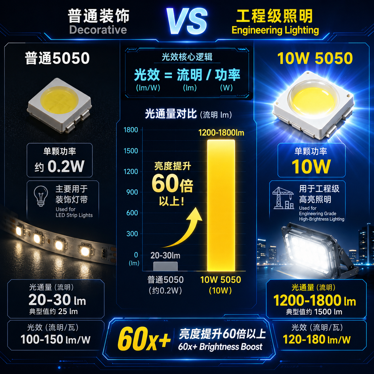 10W 5050灯珠与普通5050灯珠的亮度对比图,突出前者在工程照明中的高流明输出