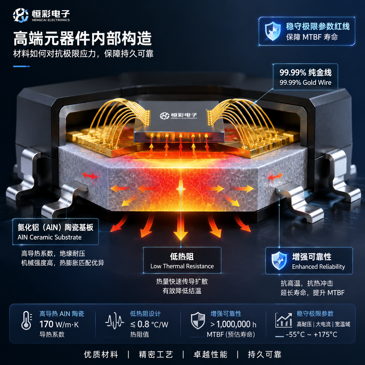 一张恒彩电子高端芯片的3D剖面示意图,展示了其内部采用高导热的氮化铝(AlN)陶瓷基板和99.99%纯金线键合,并用热成像特效显示热量通过低热阻基板高效散发,以增强器件在极端环境下的极限耐受力。