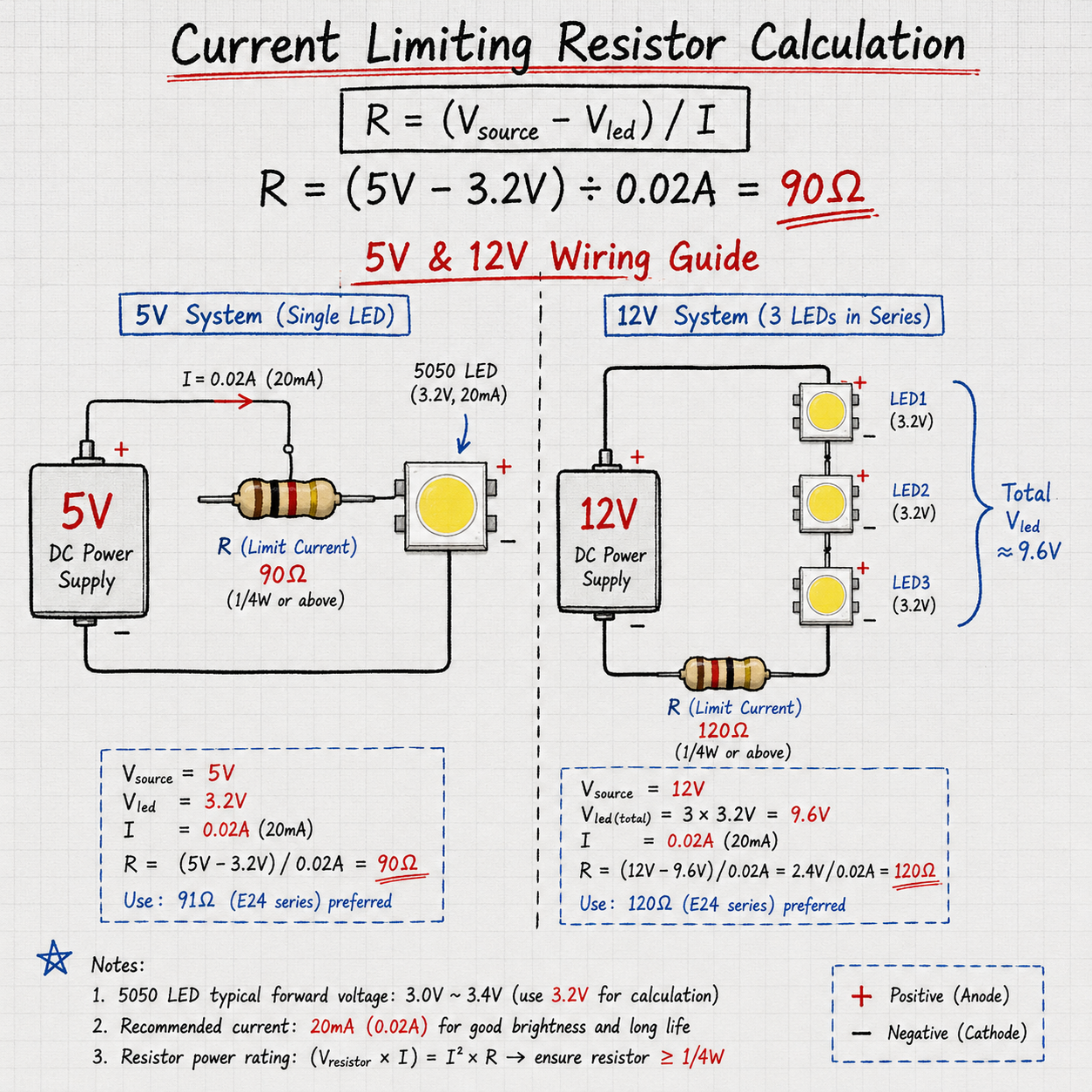 3.2V 5050灯珠接线原理与限流电阻计算电路图,演示5V电源与单颗灯珠的电阻计算,以及12V系统多颗灯珠串联的合理接线方式。