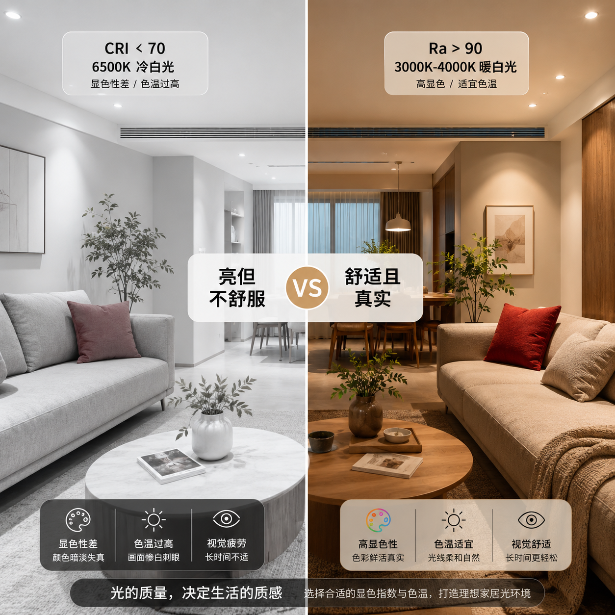 左右对比图：左侧为显色指数低、色温过高的客厅，呈现惨白不适感；右侧为高显色指数、舒适色温的客厅，营造温馨真实的氛围，标注“亮但不舒服” vs “舒适且真实”。