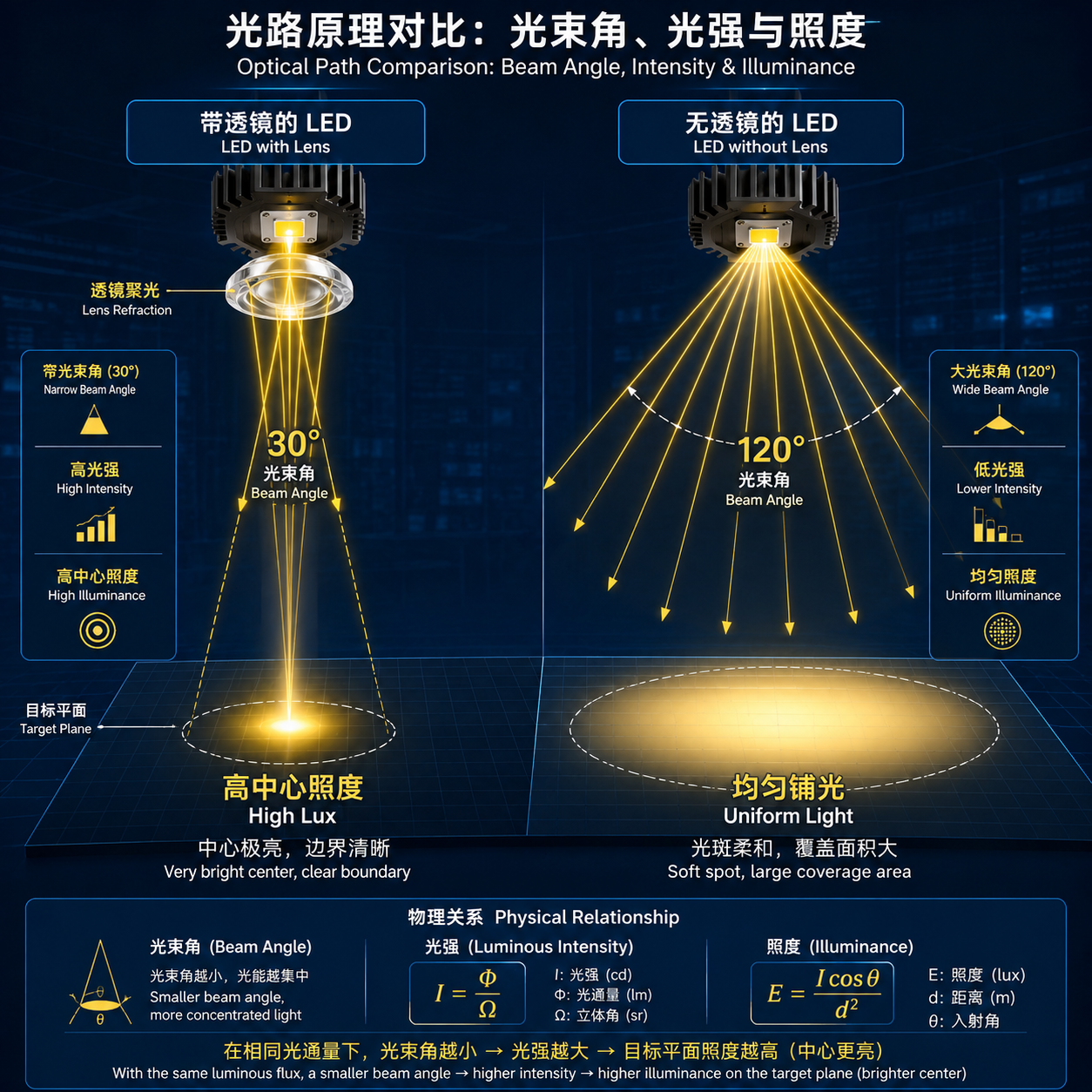 有透镜LED灯珠与无透镜LED灯珠的光路原理对比图,展示前者聚光窄光束和高中心照度,后者宽发散角和均匀铺光的效果