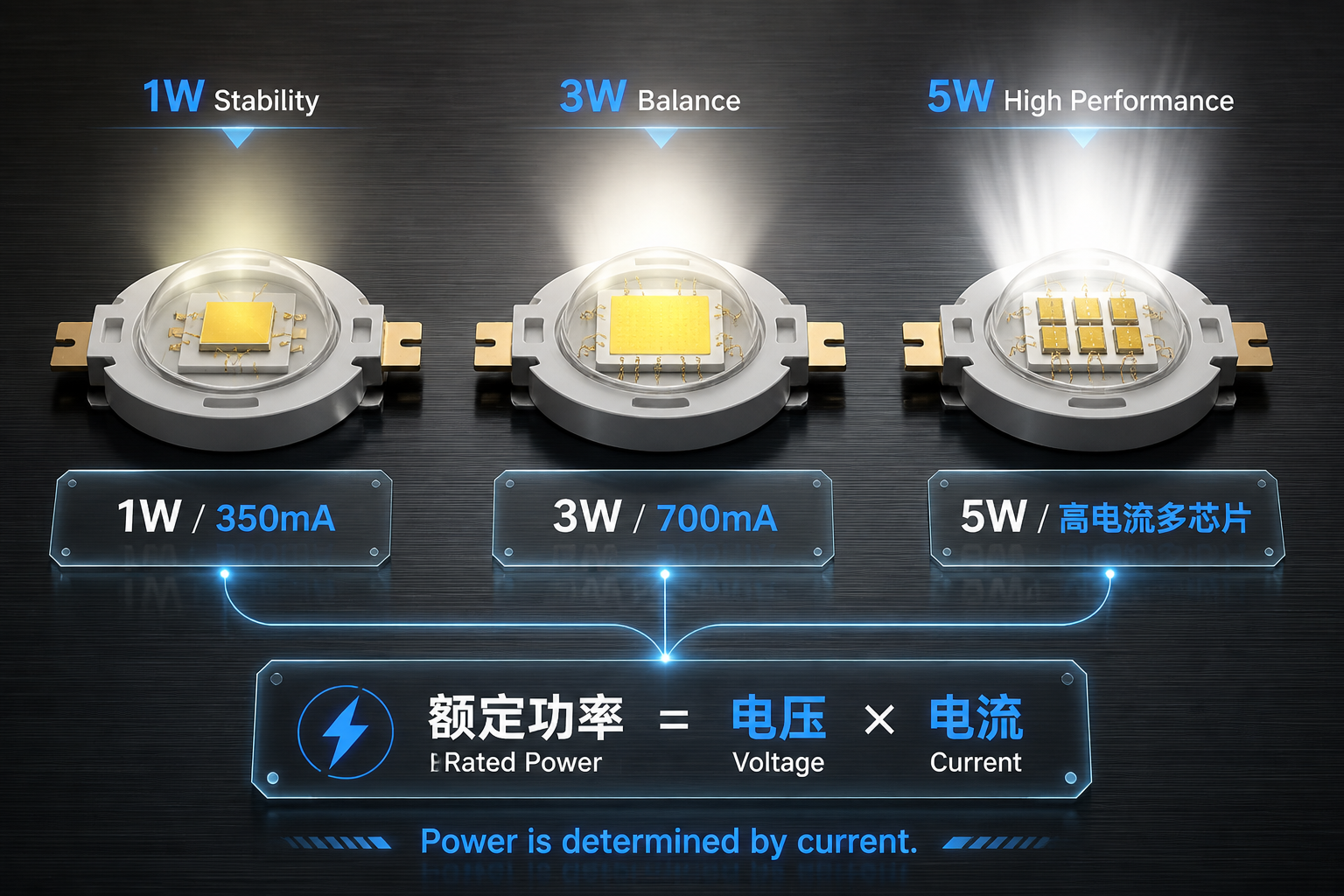 一张科技感十足的陶瓷灯珠功率对比图，展示1W、3W、5W灯珠的电流、亮度差异，并强调功率由电流和电压决定