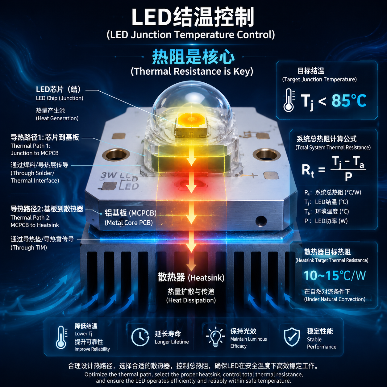 3W LED散热核心示意图:结温、热阻计算与热传导路径
