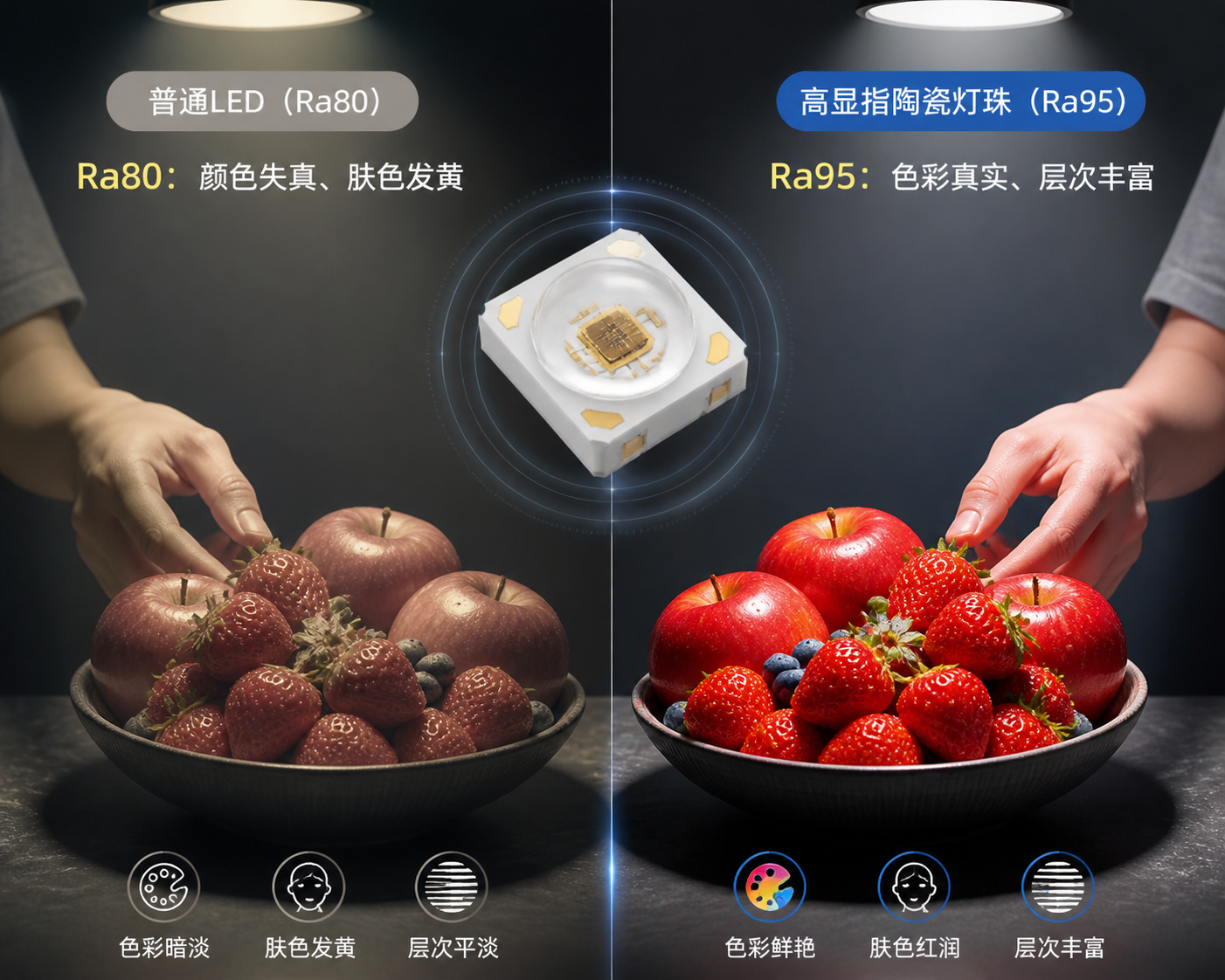 高显指陶瓷灯珠与普通LED灯珠显色对比图：Ra80下水果颜色失真肤色发黄，Ra95下色彩真实层次丰富，并展示陶瓷灯珠细节。