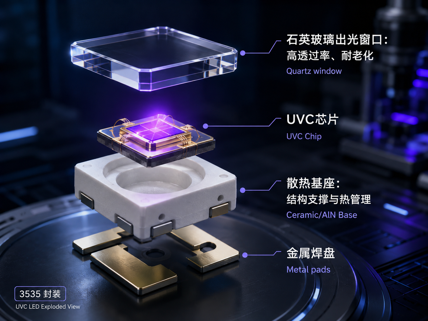 UVC灯珠3D拆解示意图，展示石英玻璃出光窗口、UVC芯片、散热基座（陶瓷/氮化铝）及金属焊盘等主要组成部分