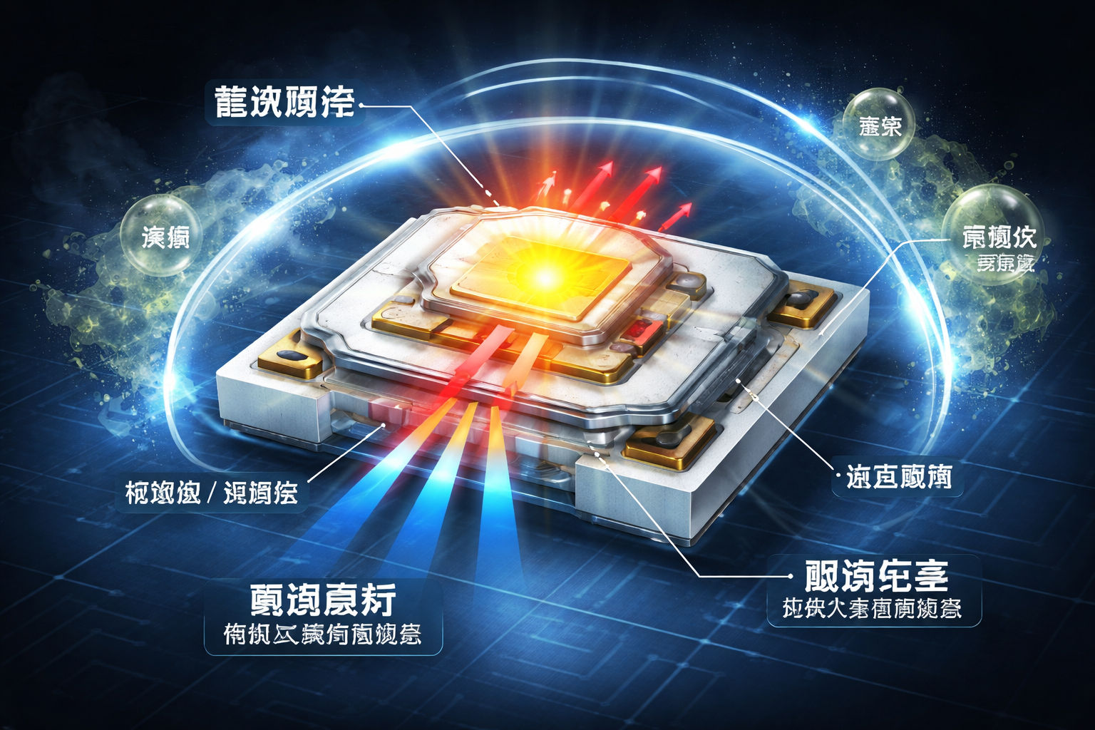 耐腐蚀陶瓷灯珠的内部结构示意图，展示高导热陶瓷基材、芯片与散热路径，以及对腐蚀环境的防护