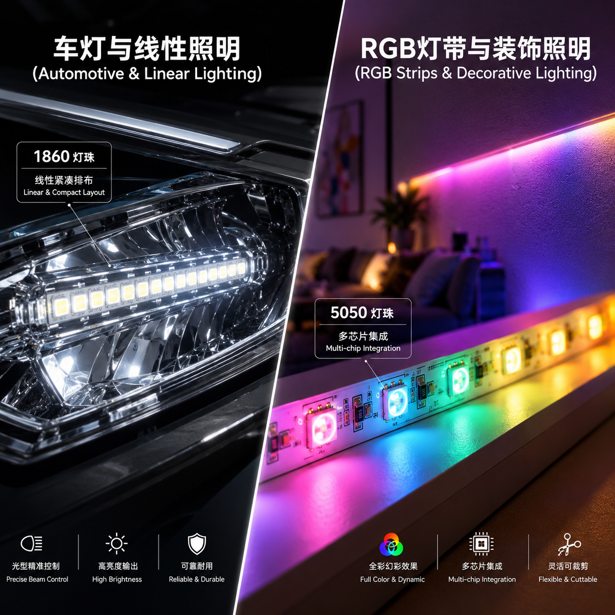 1860灯珠与5050灯珠的应用场景对比图,左侧显示1860用于汽车大灯模组(车灯与线性照明),右侧显示5050用于RGB灯带(RGB灯带与装饰照明)。