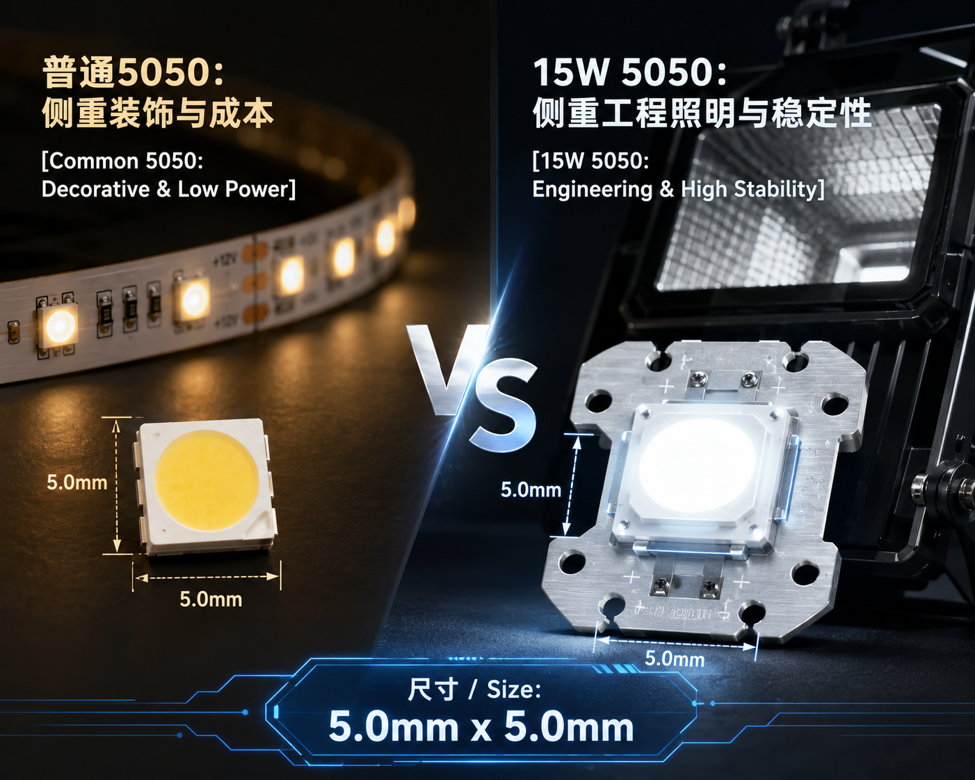 对比图：普通5050灯珠（左，装饰与低功耗）与15W 5050灯珠（右，工程照明与高稳定性）的区别