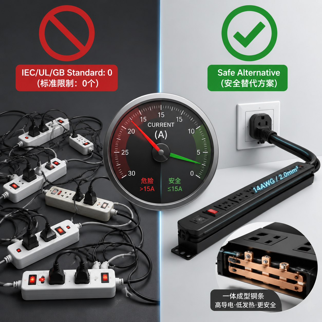 左右分割图对比:左侧展示多个插排串联的错误示范,标注'IEC/UL/GB Standard: 0'和红色禁止标志;右侧为安全替代方案,展示粗壮一体化长线插排或专业PDU直接接入墙壁,标注'Safe Alternative'和绿色对号,并有电流表盘显示安全区间。