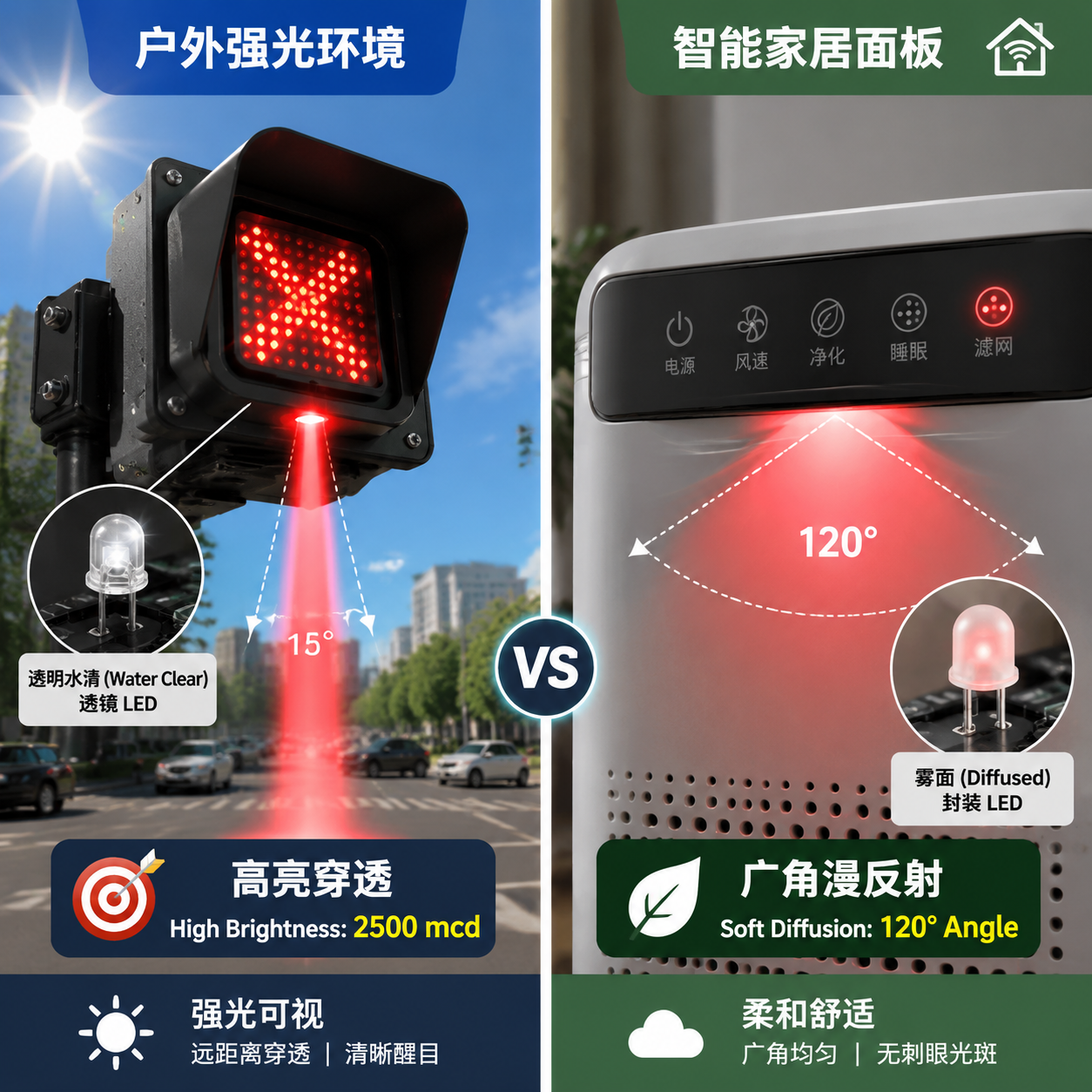 对比图:左侧展示高亮型LED在户外强光下实现穿透指示,右侧展示雾面封装LED在智能家居面板上实现柔和漫反射。