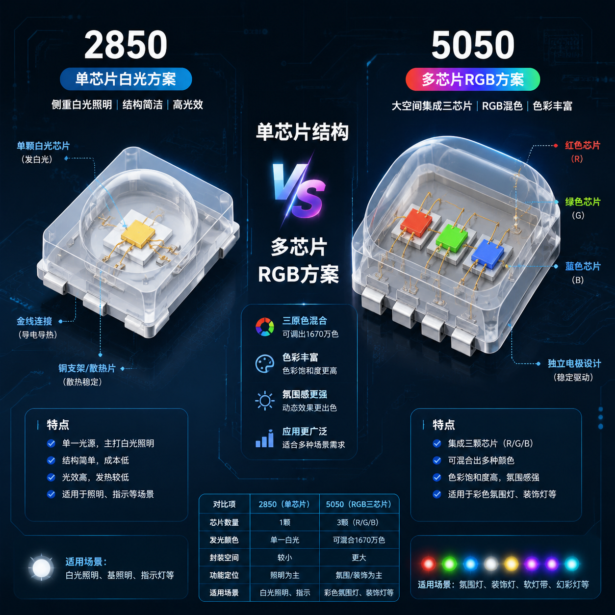 2850灯珠的单芯片结构与5050灯珠的多芯片RGB结构对比示意图,解释5050为何更适合多色混光。