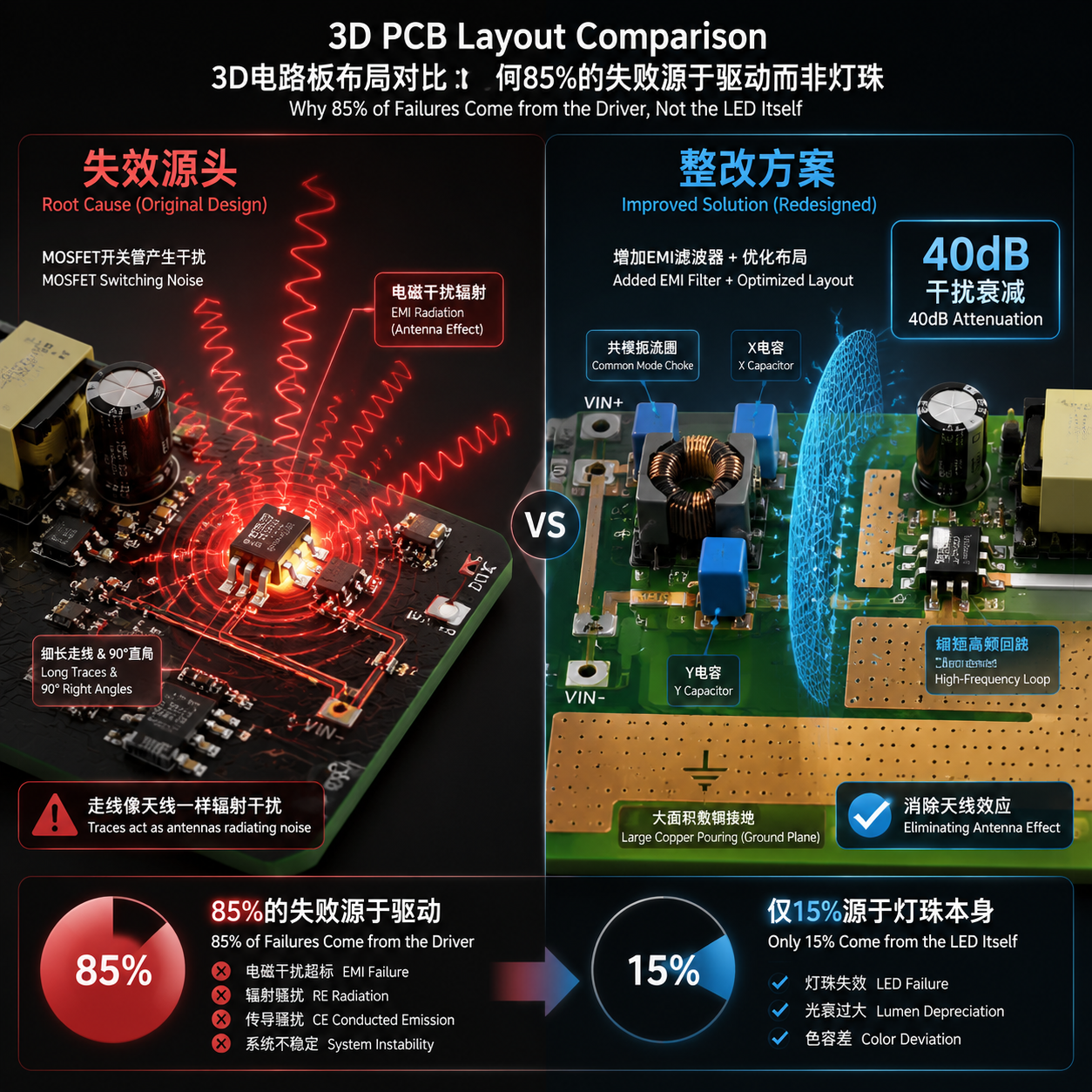3D PCB设计对比图,左侧显示驱动电源MOSFET高频切换引发的辐射超标(天线效应),右侧展示加装共模扼流圈、X/Y电容滤波器并优化PCB敷铜接地后的整改方案,实现了40dB干扰衰减,直观解释85%测试失败与驱动电源相关。