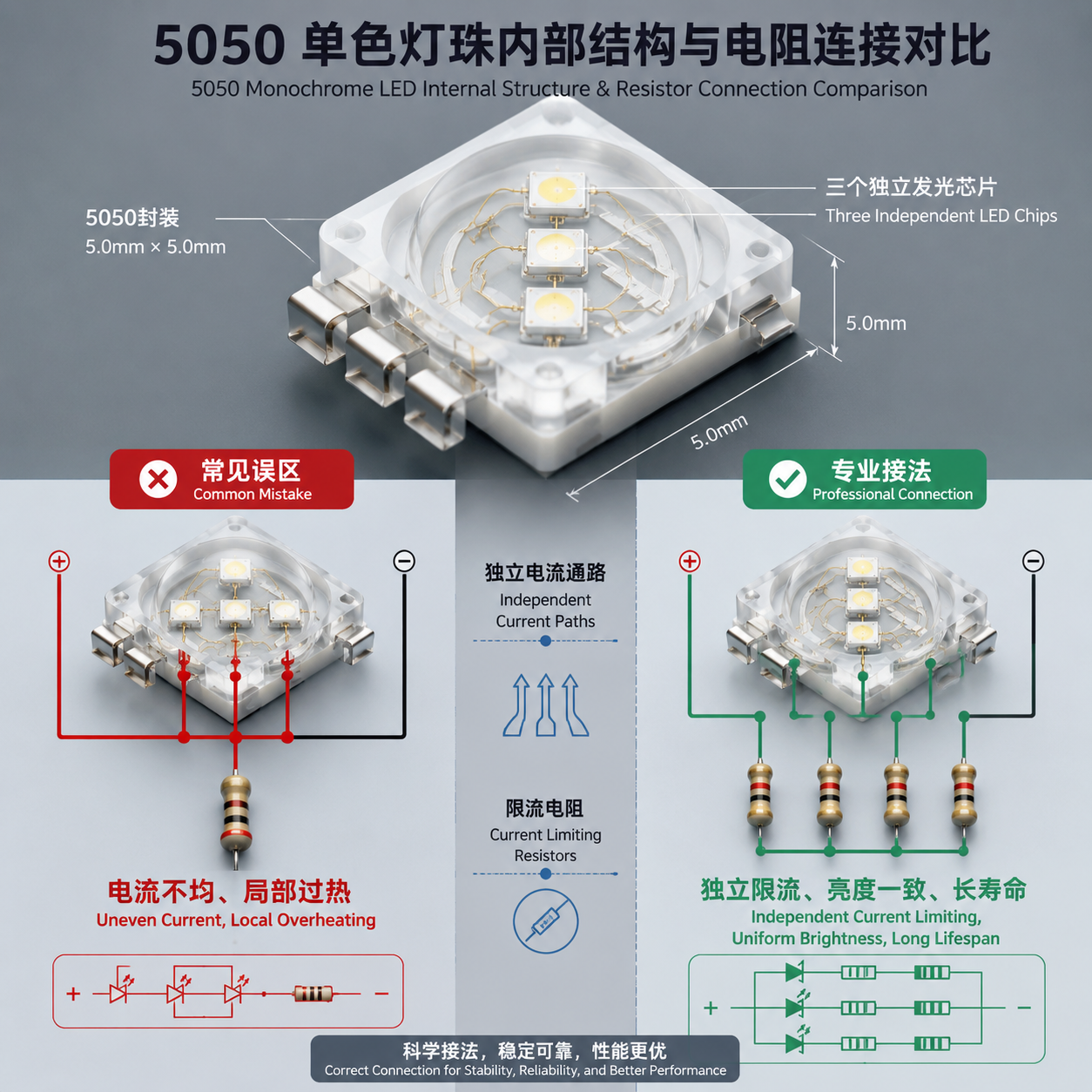 一张对比图,左侧为单颗5050灯珠内部三路芯片共用一个限流电阻的错误接法,导致电流不均和过热;右侧为三路芯片各自串联一个限流电阻的正确接法,实现独立限流和亮度一致。