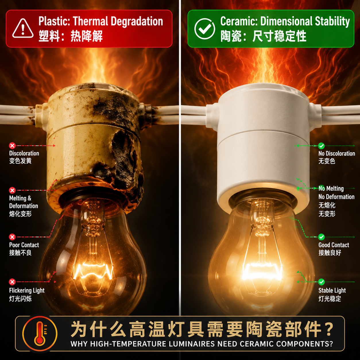 对比图:左侧为高温老化变形的塑料灯座,光线闪烁;右侧为高温下依然稳定完好的陶瓷灯座,光线恒定,展示陶瓷部件在高温环境下的尺寸稳定性优势