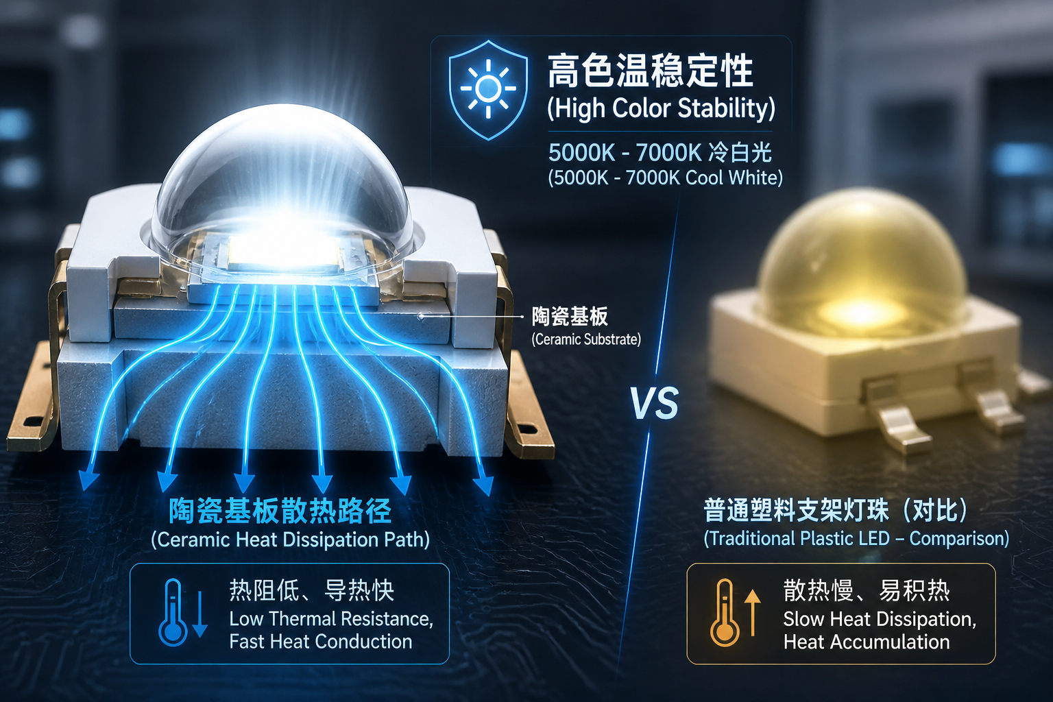 冷白光陶瓷灯珠结构与散热原理示意图，展示陶瓷基板如何实现高效导热与色温稳定性，并与传统塑料支架灯珠进行对比。