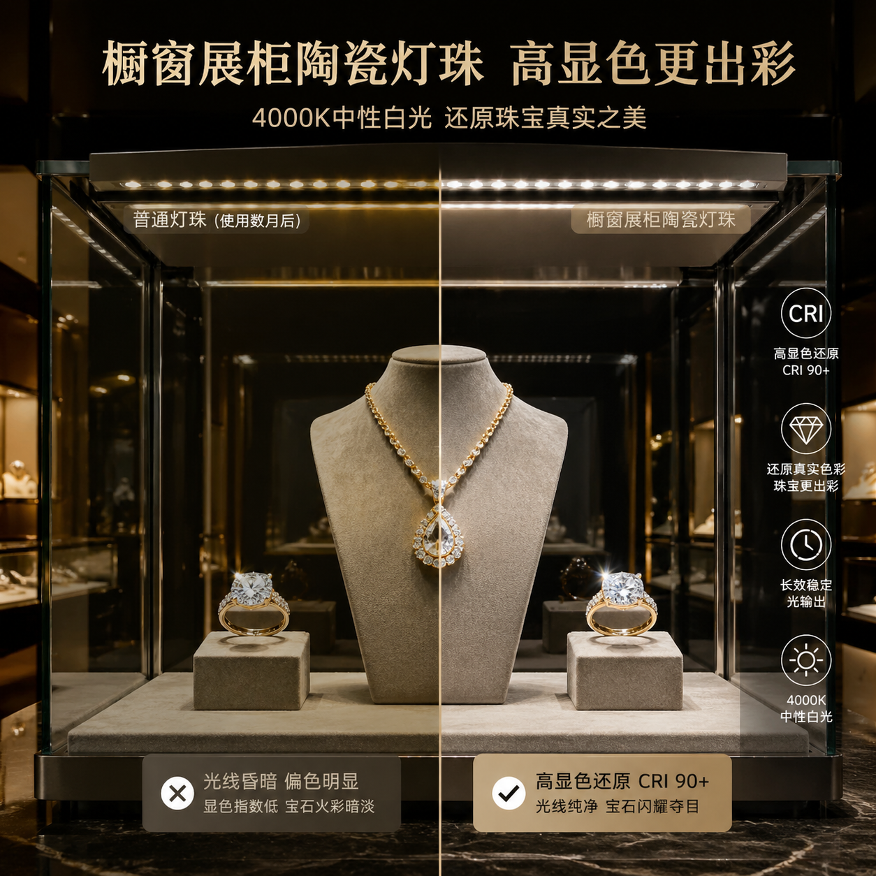 高端珠宝展柜照明效果对比：左侧为普通灯珠长期使用后，光线暗淡，钻石火彩失色；右侧为高显色（CRI 90+）陶瓷灯珠，光线纯净明亮，完美还原珠宝质感与闪耀。