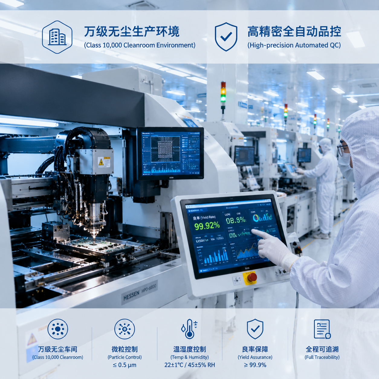 万级无尘智能车间内高精密全自动固晶机和焊线设备正在运作,技术人员监控生产,展示先进的自动化品控流程和洁净生产环境。