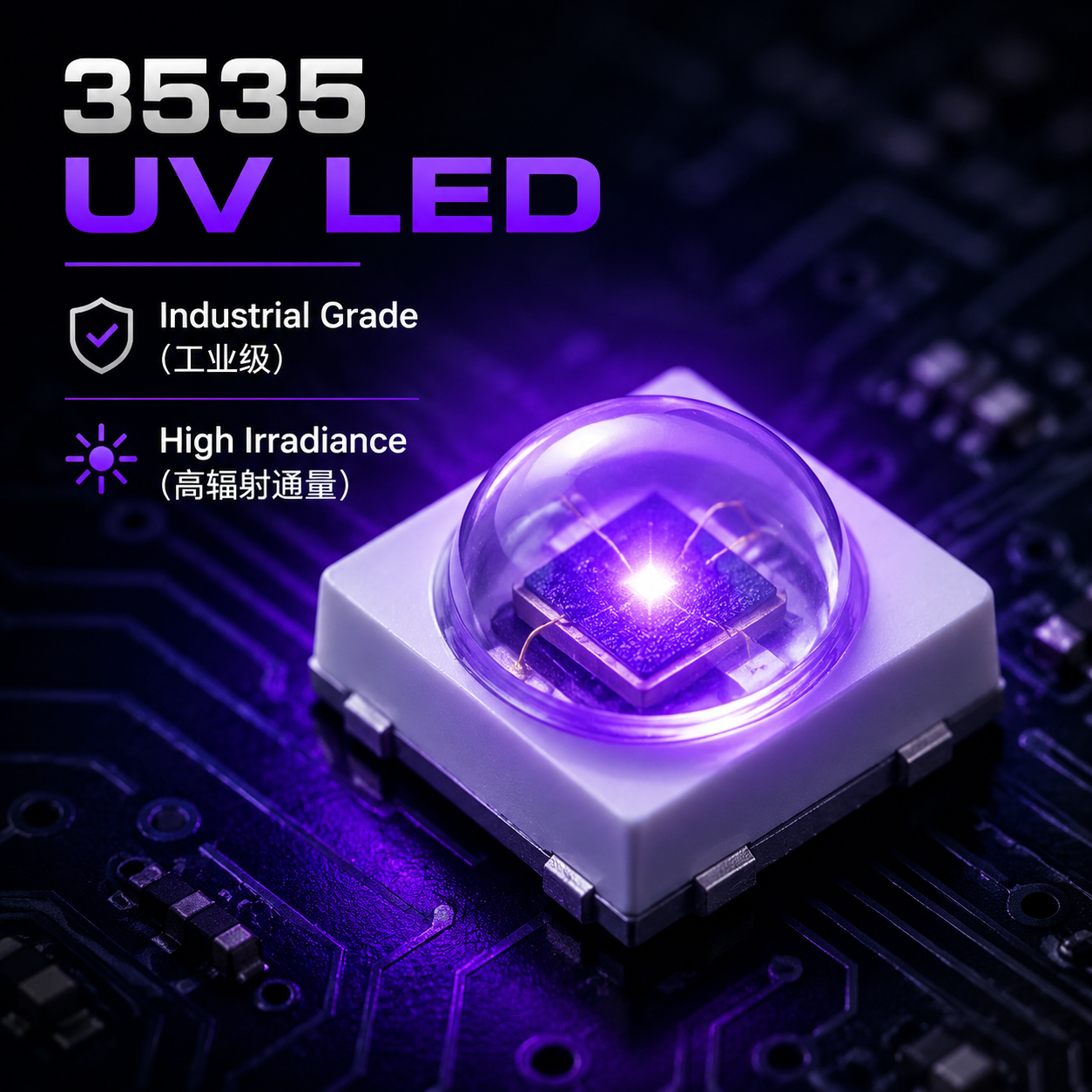 一张工业级3535紫光LED灯珠的特写，展示其紧凑的正方形外观和发出的深邃紫光，强调其高辐射通量和工业级品质。