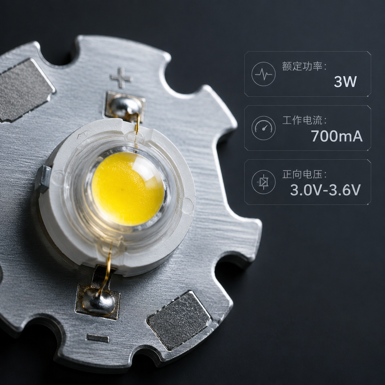 3瓦LED灯珠微距特写，显示其额定功率、工作电流和正向电压等关键电气参数
