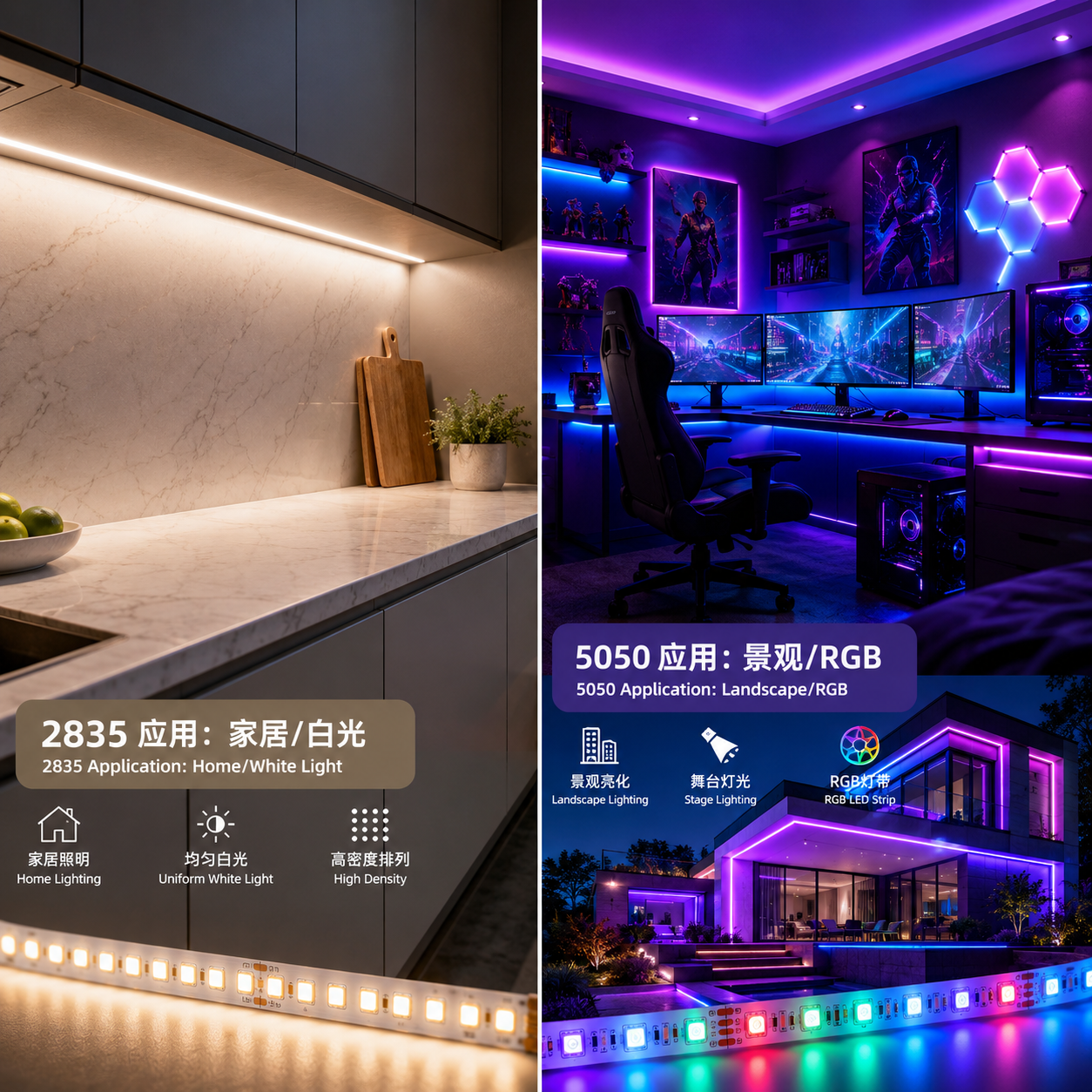 2835和5050灯珠应用场景对比图，左侧2835灯带用于厨房橱柜下方提供均匀白光，右侧5050 RGB灯带用于电竞房间营造彩色氛围。
