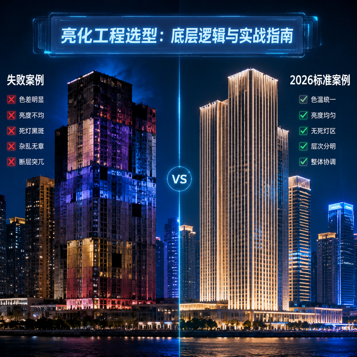 亮化工程失败案例与成功案例对比，展示灯光衰减、死灯与均匀亮度、统一色温的差异