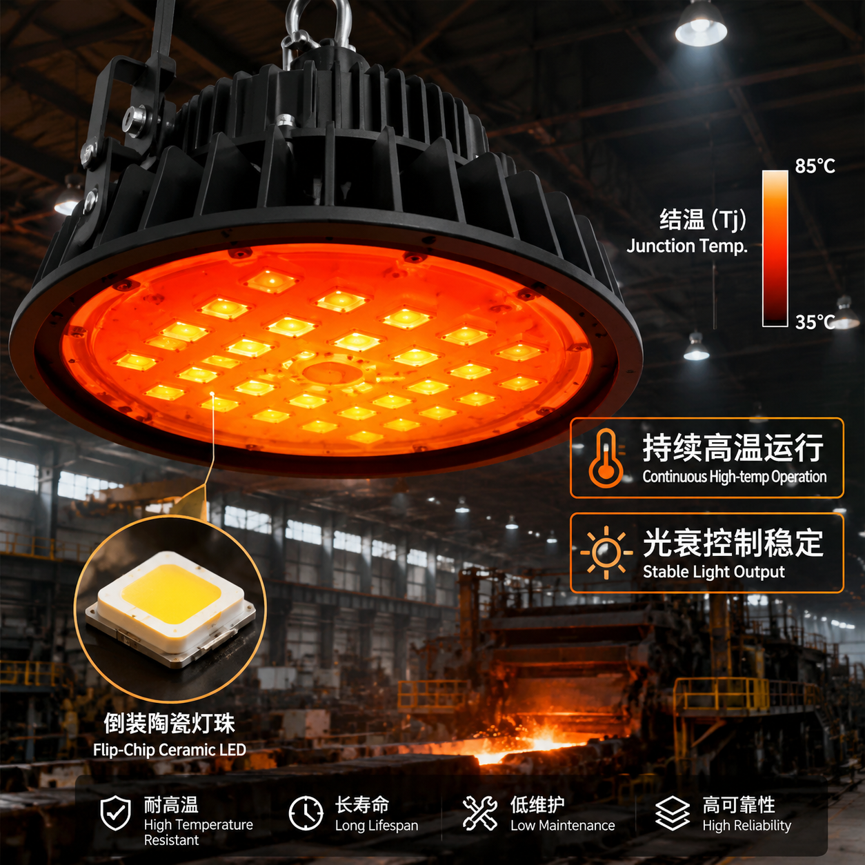 高温工厂车间内，工矿灯中的倒装陶瓷灯珠在持续高温运行下，通过热成像显示结温得到有效控制，确保光衰稳定。