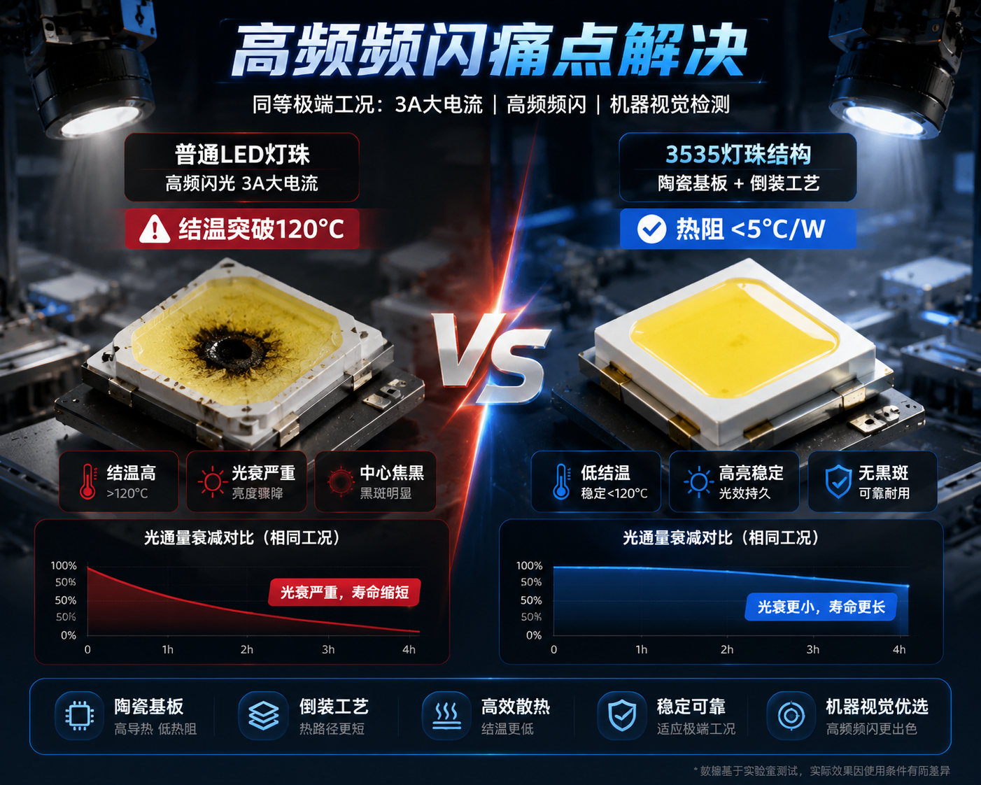 工业高频闪光场景下普通LED灯珠因高温导致光衰与3535陶瓷基板灯珠保持稳定的对比图
