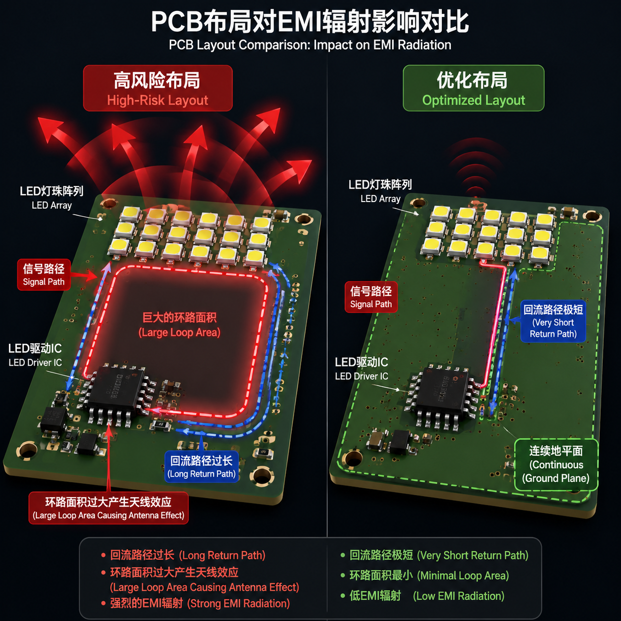 对比示意图：左为高风险PCB布局（大回流环路与强辐射），右为优化布局（连续地平面与最小回路）