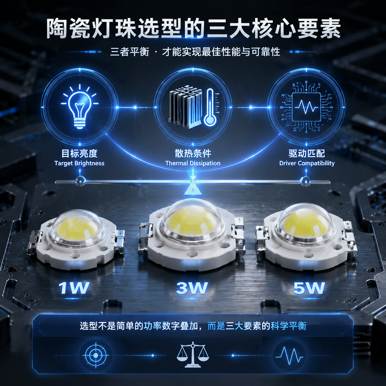 陶瓷灯珠选型三大核心要素概念图：1W、3W、5W灯珠与目标亮度、散热条件、驱动匹配的平衡