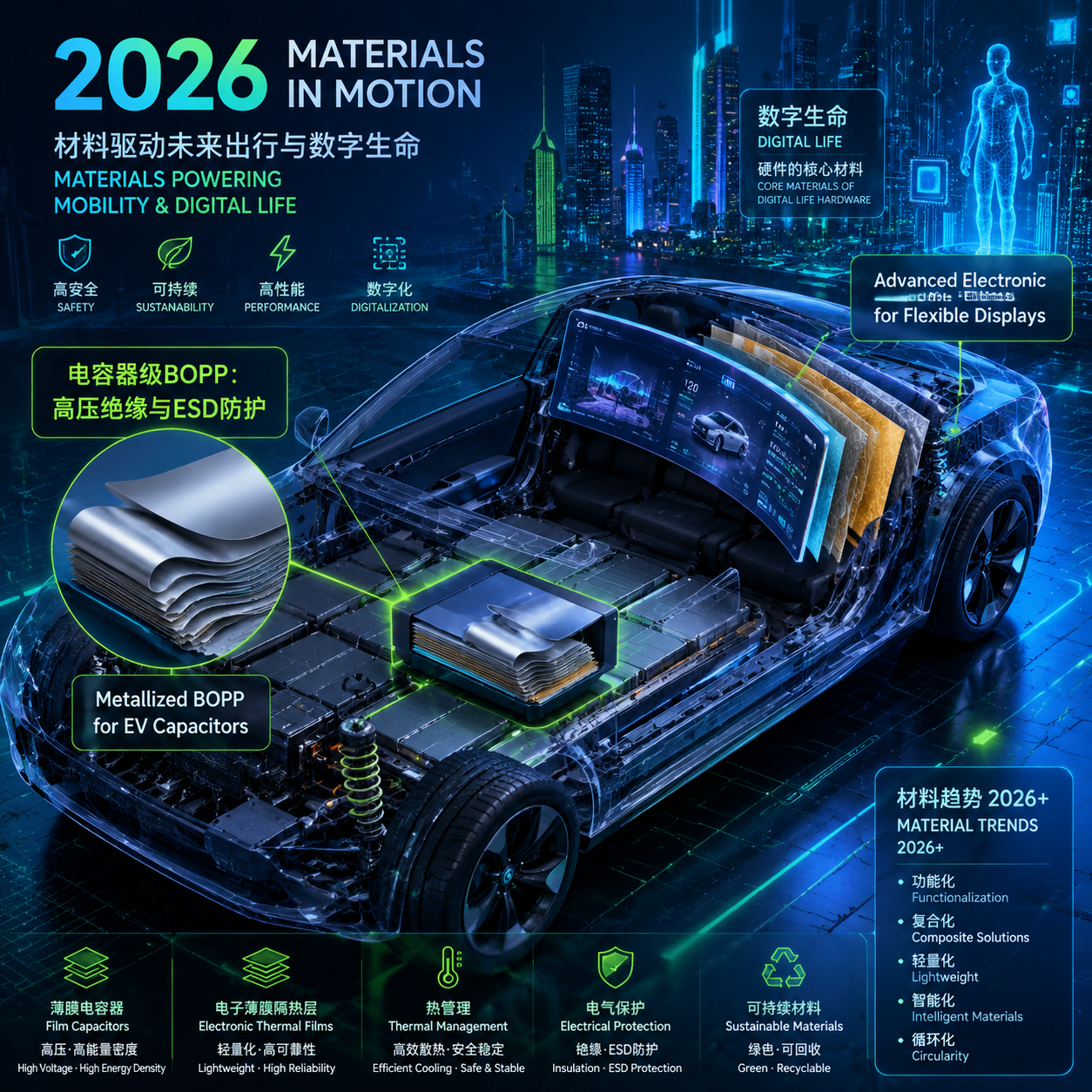 2026年新能源汽车(EV)应用中电子薄膜与BOPP薄膜的集成示意图:展示电容器级BOPP薄膜在动力电池中提供绝缘,以及电子薄膜在中控屏中提供隔热与功能支持