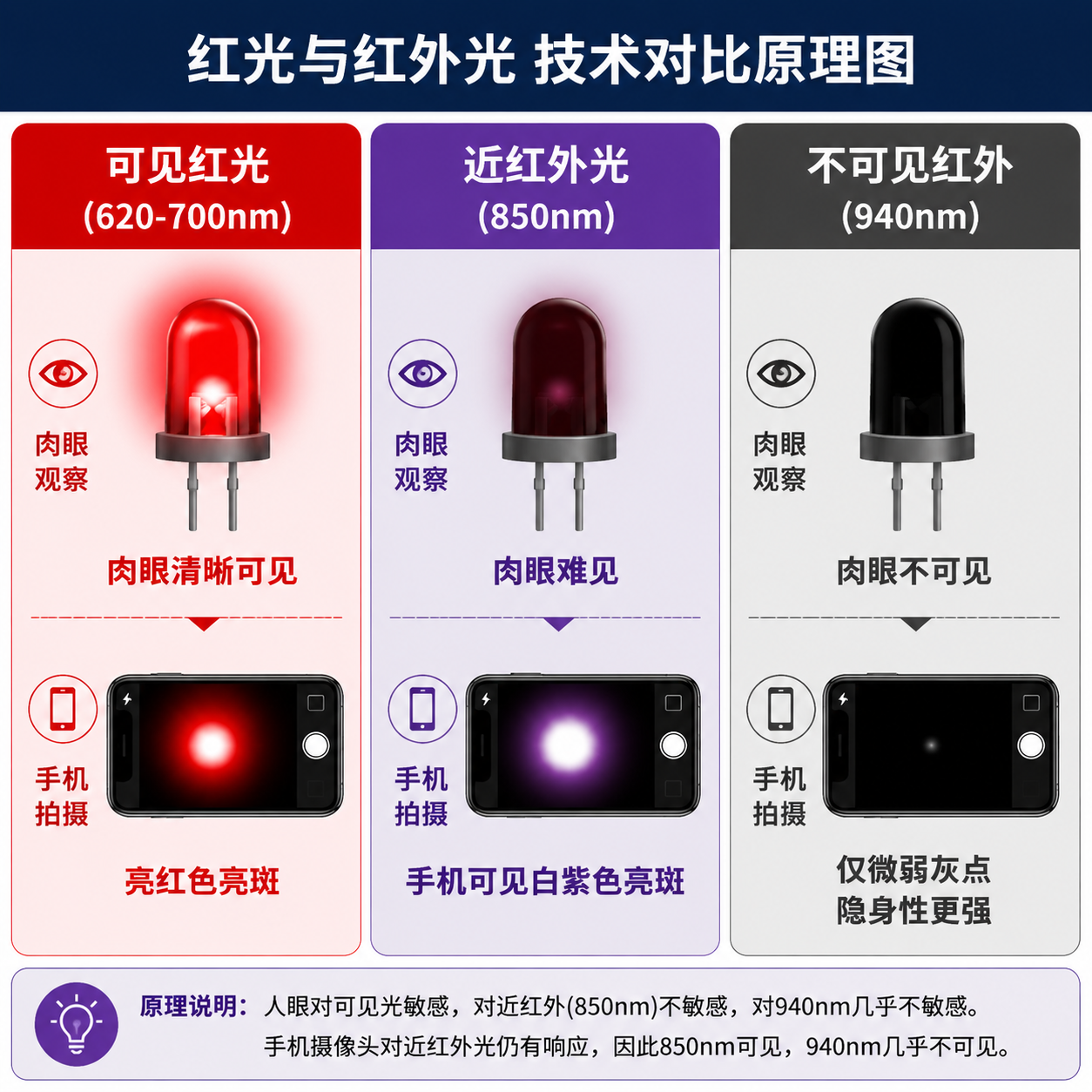 一张信息图表,横向对比了可见红光(620-700nm)、近红外光(850nm)和不可见红外(940nm)在人眼和手机屏幕下的视觉效果,显示850nm在手机中呈现为亮斑。