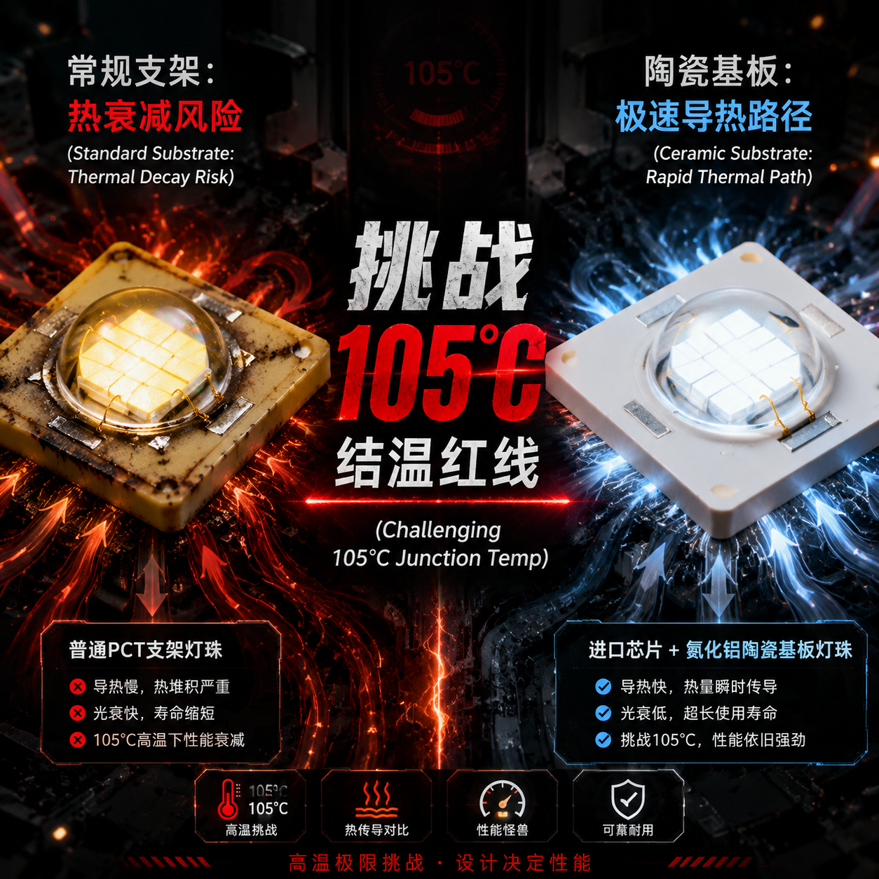 在105℃高温下,左侧常规PCT支架灯珠老化泛黄,右侧进口芯片氮化铝陶瓷灯珠光线纯净,展示陶瓷基板的卓越导热与抗热衰减能力。
